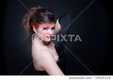 Close up portrait of girl with red lips on black Close up portrait of girl with red lips on black 14420129