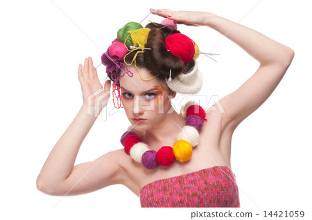 Closeup fashion woman with color face art in knitting style Closeup fashion woman with color face art in knitting style 14421059