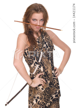 Closeup portrait of young savage woman with bow 14421174