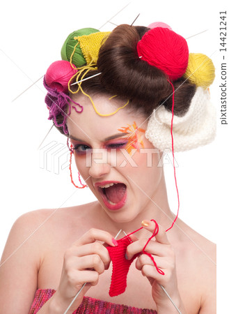 Closeup fashion woman with color face art in knitting style Closeup fashion woman with color face art in knitting style 14421241