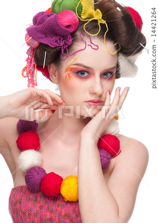 Closeup fashion woman with color face art in knitting style Closeup fashion woman with color face art in knitting style 14421264