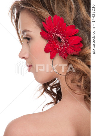 Close-up of beautiful girl with red aster flower Close-up of beautiful girl with red aster flower 14422230