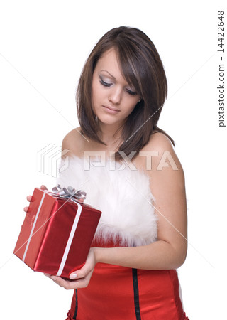 Close up portrait of girl in santa dress with gifts Close up portrait of girl in santa dress with gifts 14422648