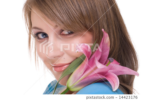 Close up portrait of young beautiful woman with flower 14423176