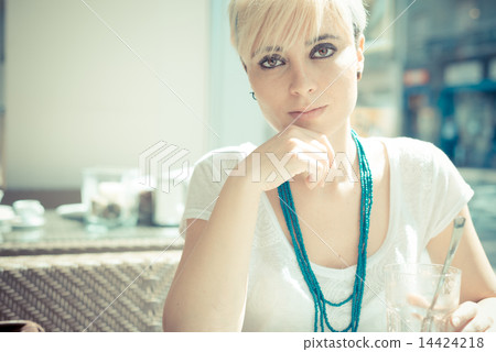 beautiful young blonde short hair hipster woman 14424218