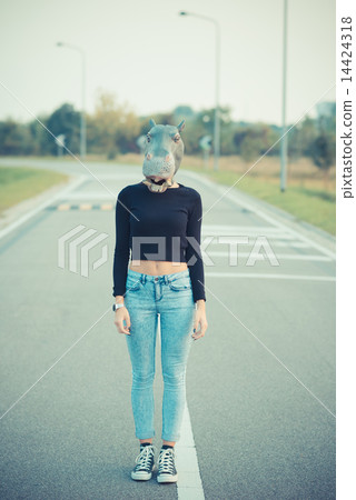 hippo mask young beautiful brunette straight hair woman hippo mask young beautiful brunette straight hair woman 14424318