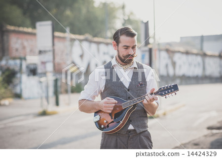 handsome big moustache hipster man playing mandolin 14424329
