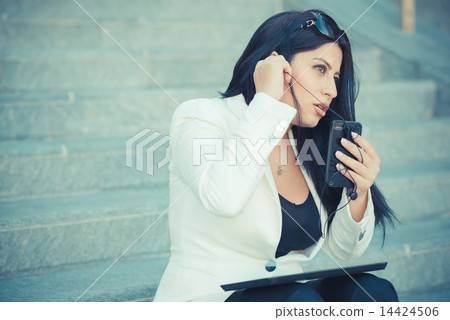 beautiful long black hair elegant business woman using smartphon 14424506
