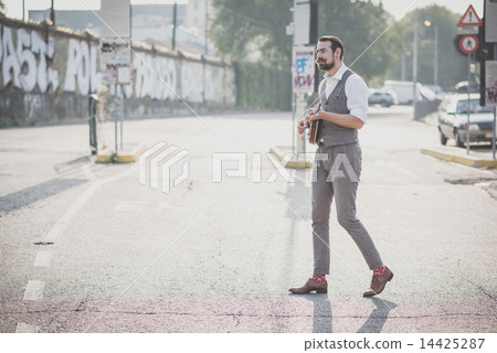 handsome big moustache hipster man playing mandolin 14425287