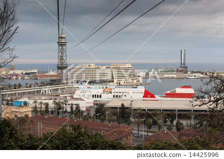 View of World trade center from overhead cable car, Barcelona, Catalonia, Spain View of World trade center from overhead cable car, Barcelona, Catalonia, Spain 14425996