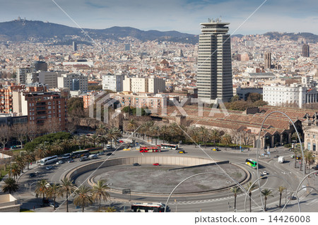 Aerial view on City of Barcelona with roundabout which is near the sea port, Barcelona, Catalonia, Spain 14426008
