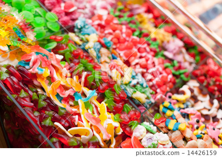 Assorted colorful candies at a market stall, La Boqueria Market, Barcelona, Catalonia, Spain 14426159