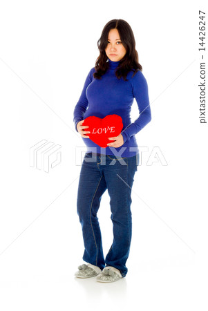 Pregnant asian woman isolated on white in love 14426247
