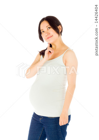 Pregnant asian woman isolated on white thinking 14426404