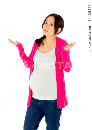 Pregnant asian woman isolated on white puzzled lost Pregnant asian woman isolated on white puzzled lost 14426433