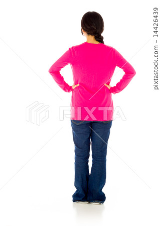 Pregnant asian woman isolated on white showing her back 14426439