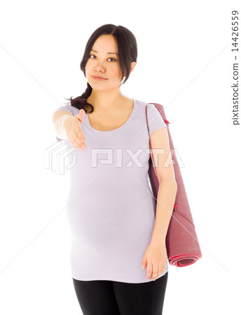 Pregnant asian woman isolated on white hand shake Pregnant asian woman isolated on white hand shake 14426559