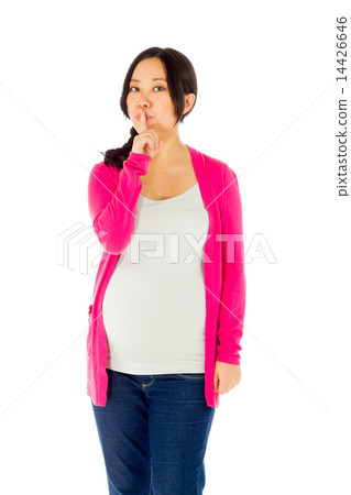 Pregnant asian woman isolated on white with a secret 14426646