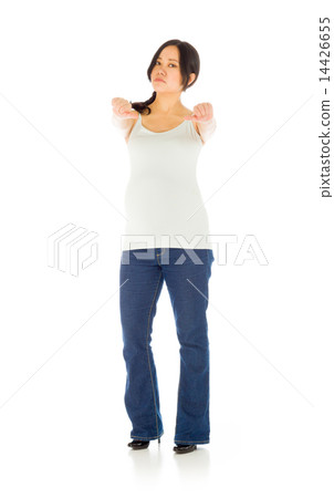 Pregnant asian woman isolated on white negative with fingers dow 14426655