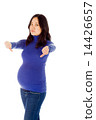 Pregnant asian woman isolated on white negative with fingers dow 14426657