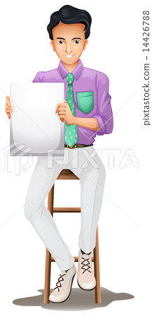 A man sitting on a high chair while holding an empty signboard 14426788
