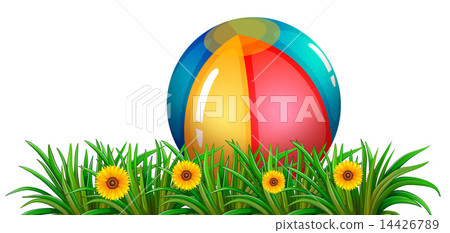 A ball near the green plants with flowers A ball near the green plants with flowers 14426789