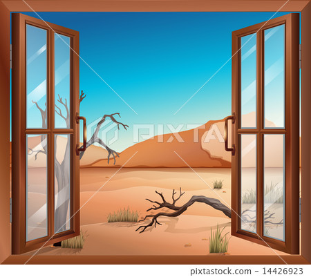 An open window with a view of the desert 14426923