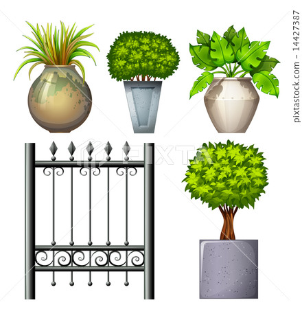 A steel gate and potted plants 14427387