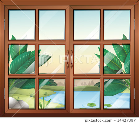 A closed window with a view of the pond A closed window with a view of the pond 14427397