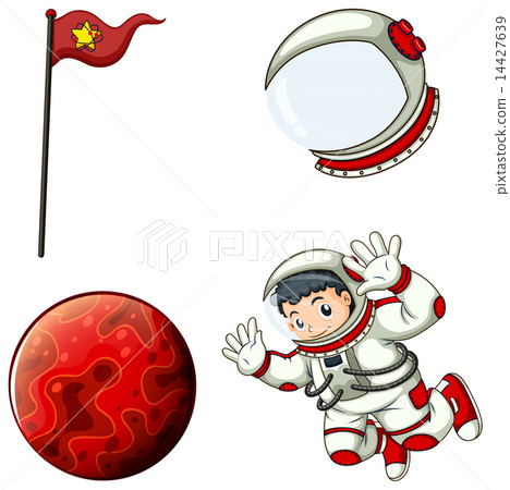 An astronaut, a helmet, a banner and a planet An astronaut, a helmet, a banner and a planet 14427639