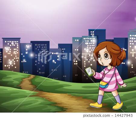 A young girl walking across the tall buildings A young girl walking across the tall buildings 14427943