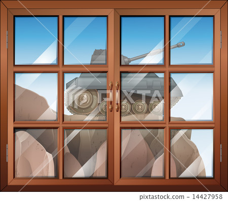 A window across the cliff with a tank A window across the cliff with a tank 14427958