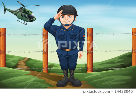 A soldier in front of the barbwire fence 14428040
