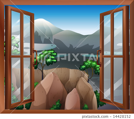 An open window with a view of the cliff 14428152