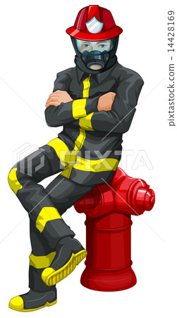 A fireman sitting above the hydrant A fireman sitting above the hydrant 14428169