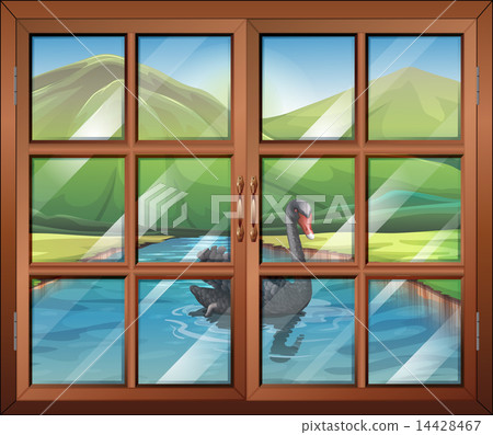 A window with a view of the river outside 14428467