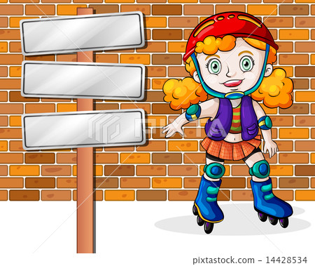 A girl rollerskating beside the empty signages A girl rollerskating beside the empty signages 14428534