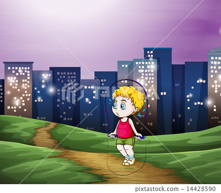 A young boy playing across the tall buildings in the city 14428590