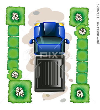 A topview of a blue truck parked 14428647