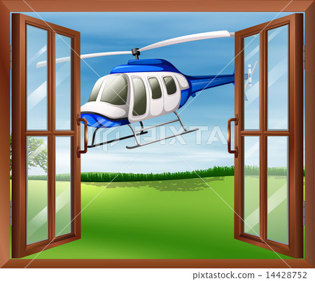 A window with a view of the chopper outside 14428752