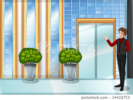 A waiter near the restaurant's entrance door A waiter near the restaurant's entrance door 14428753