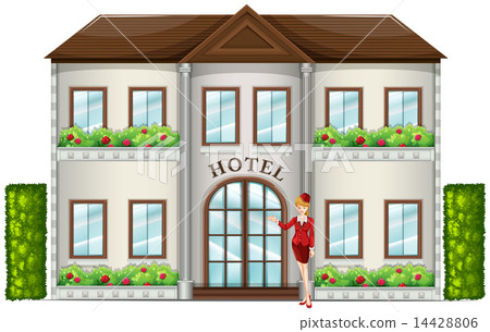 A hotel attendant standing in front of the hotel A hotel attendant standing in front of the hotel 14428806