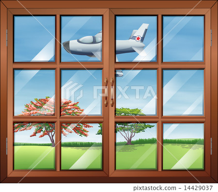 A window with a view of the airplane outside 14429037