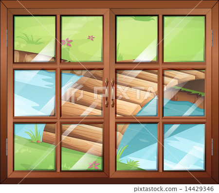 A closed window with a view of the river with a bridge A closed window with a view of the river with a bridge 14429346