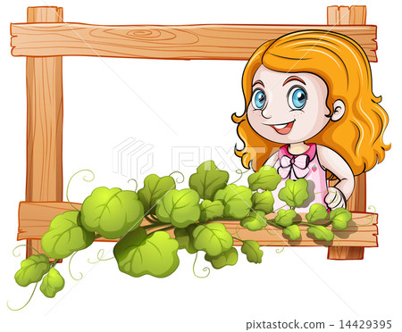 A frame with a lady and green plants 14429395