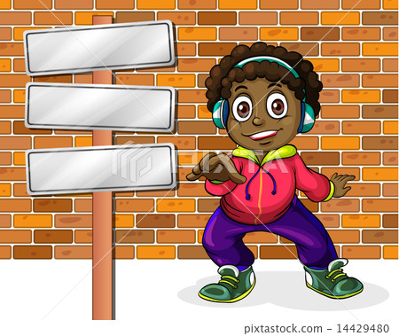 A Black man with a headset dancing beside the empty signboards 14429480