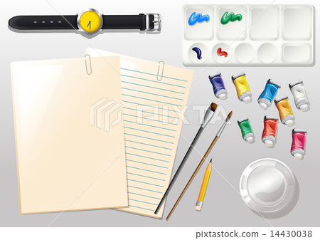 Empty papers, a watch and the different materials for painting 14430038