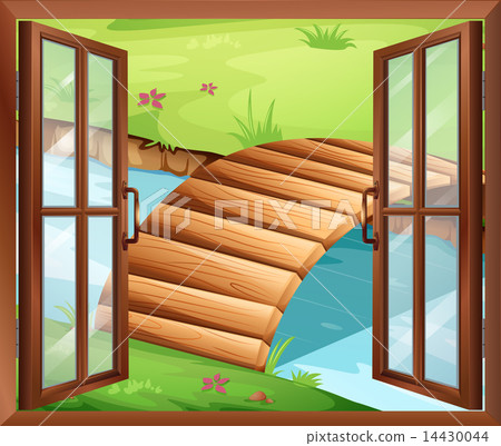 A window overlooking the river with a bridge A window overlooking the river with a bridge 14430044