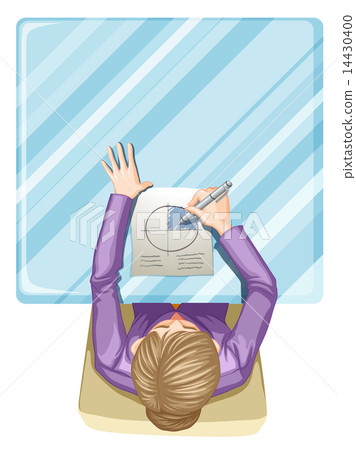 A topview of a woman writing at the table A topview of a woman writing at the table 14430400