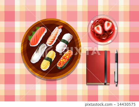 A table with sushi, a cocktail drink, a ballpen and a notebook 14430575